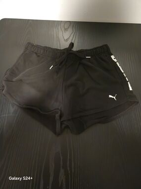 Puma Black Athletic Shorts with White Puma Logo and Side Stripe